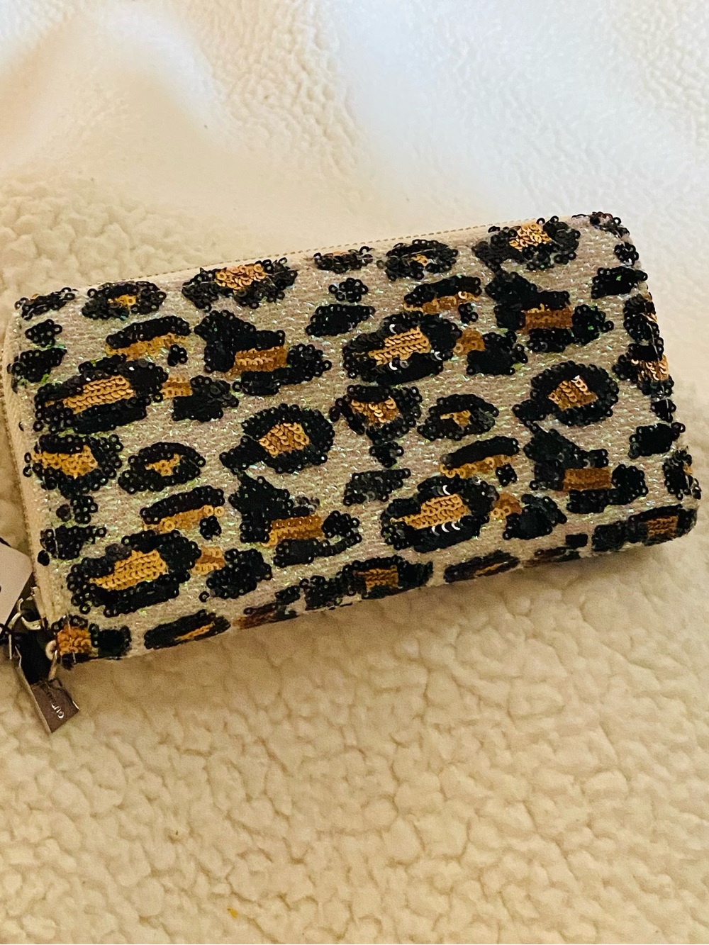 NWT Brentano Zip Around Leopard White Bling Wallet  Sequins Black Gold Wristlet